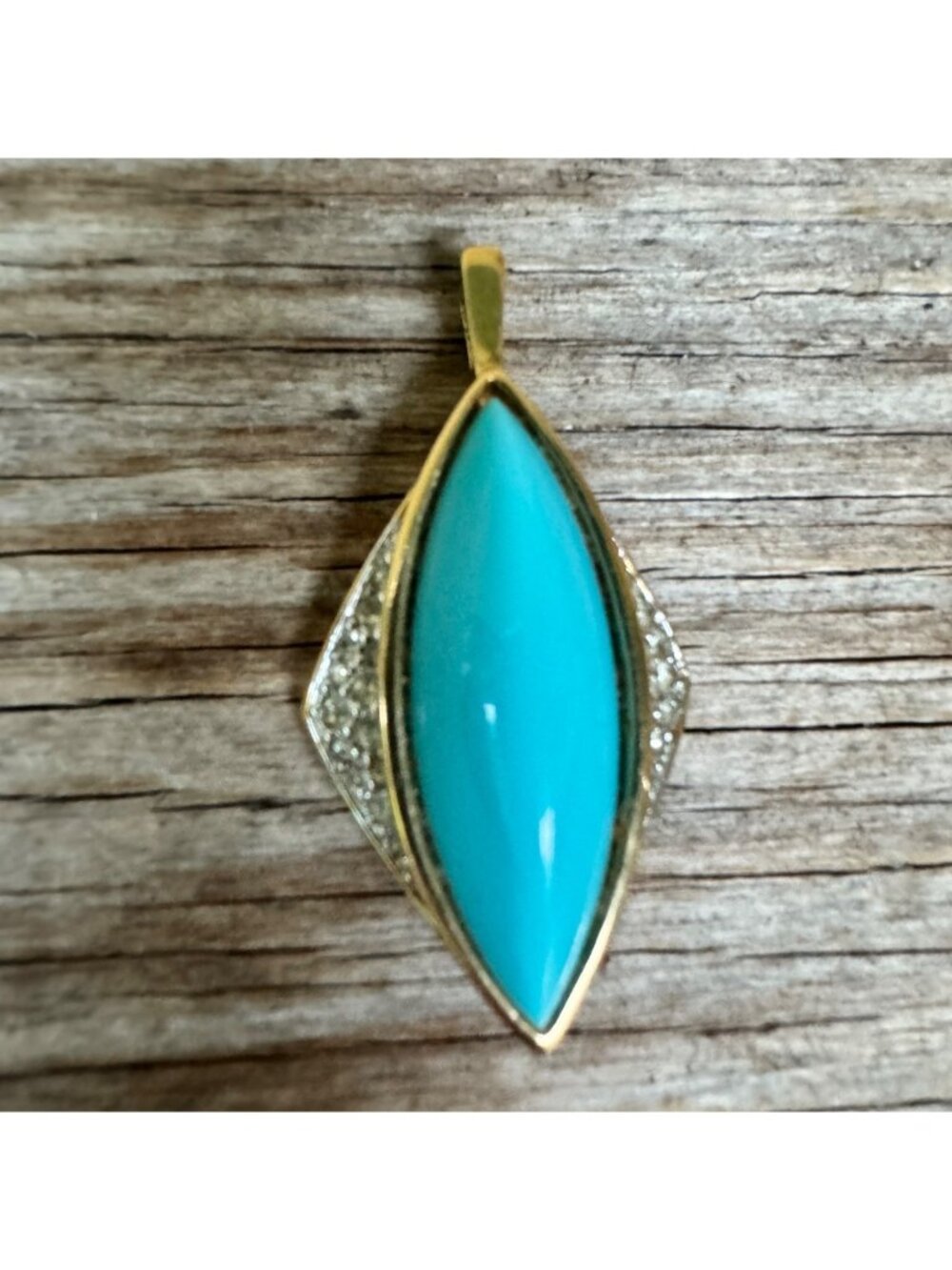 Panetta Pendant Gold Tone Rhinestone Faux Turquoise Cabochon Vintage 1.75”